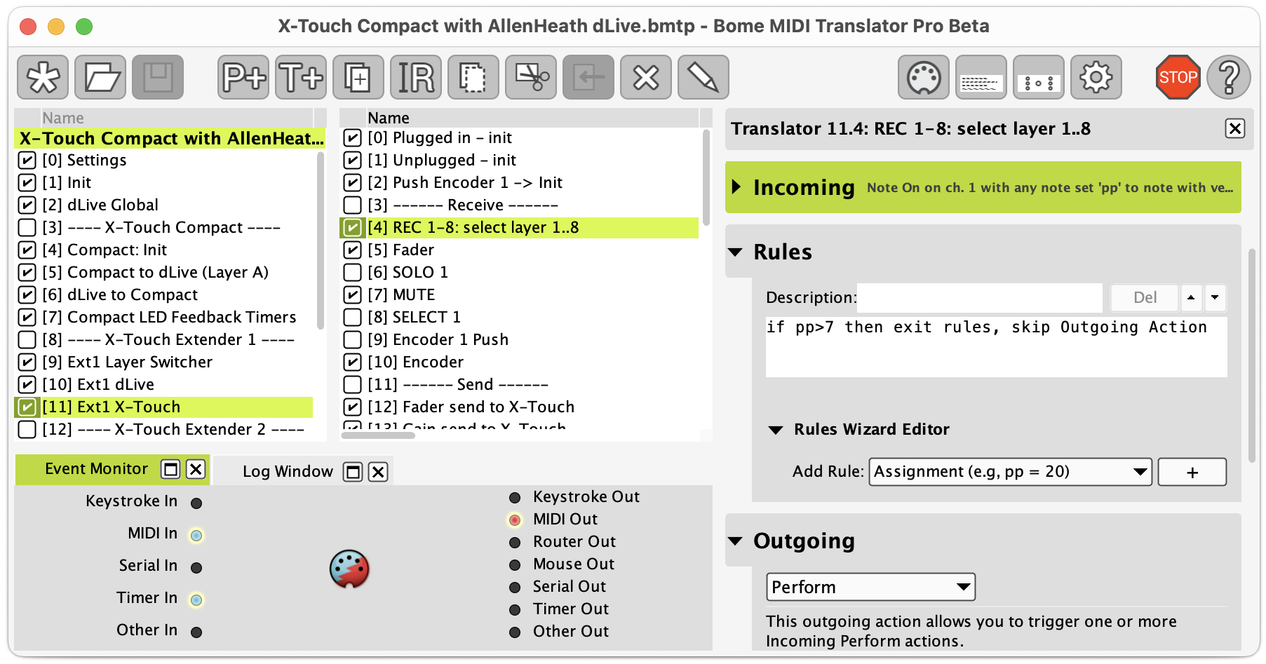 The MIDI Translator Pro main window running an advanced translation project